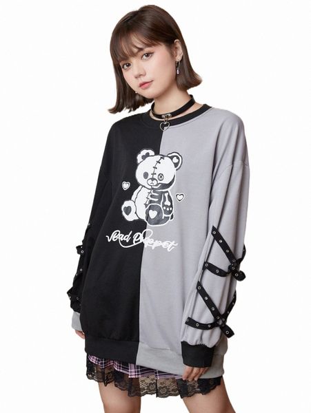 

romwe kawaii cartoon bear graphic colorblock sweatshirt y8lj#, Black