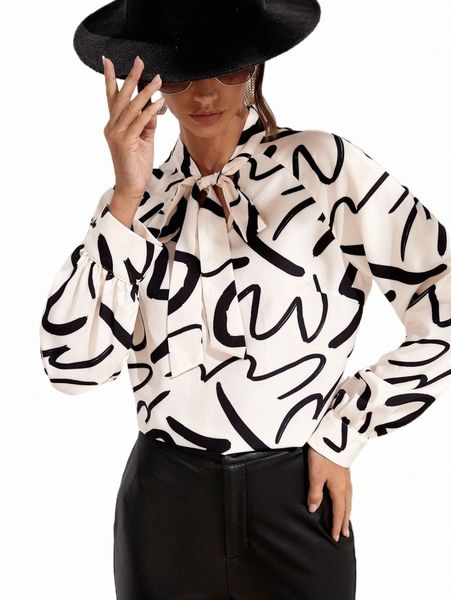 

women's blouses & shirts allover print tie neck blouse 68w4#, White