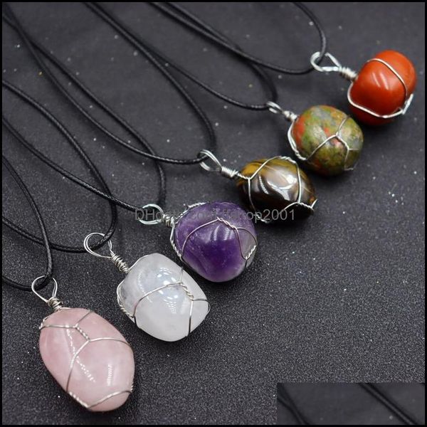 

pendant necklaces irregar round natural stone necklace amethyst lapis rose quartz crystal wrap wire healing for women men drop delive dhpeg, Silver