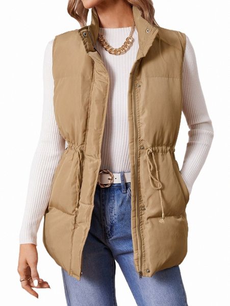 

women's down & parkas drawstring waist zipper vest puffer coat r91v#, Black