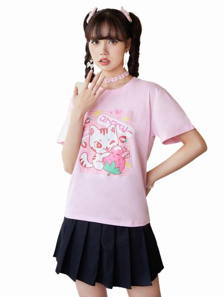

women's t-shirt romwe kawaii strawberry & cat graphic tee x4av#, White