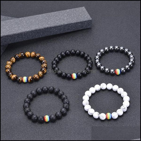 

charm bracelets 10mm natural stone beaded bracelet rainbow lgbt relationship couples tiger eye lava yoga beads adjustable drop delive dhe4j, Golden;silver