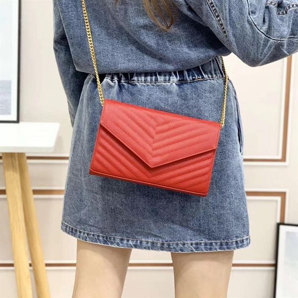 

1168-1 classic caviar lambskin evening bag v line thread with cover envelope shape gold silver chain crossbody lady small black re311d