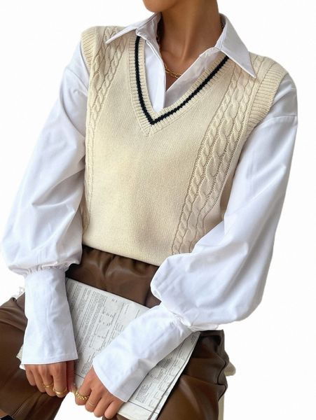 

striped trim cable knit cricket sweater vest without blouse x595#, White;black