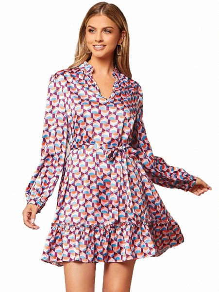

casual dresses allover geo print ruffle hem belted dress l6me#, Black;gray