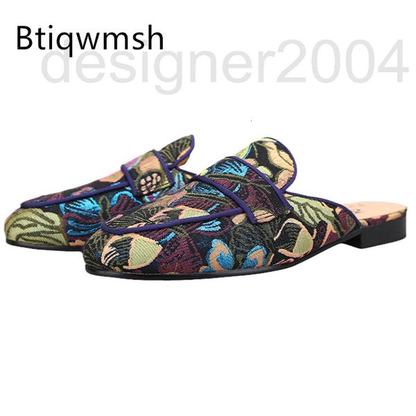 

dress shoes designer luxury satin slippers man pointed toe mixe color flower embroidered flat men fashion summer sandals for y9zk, Black