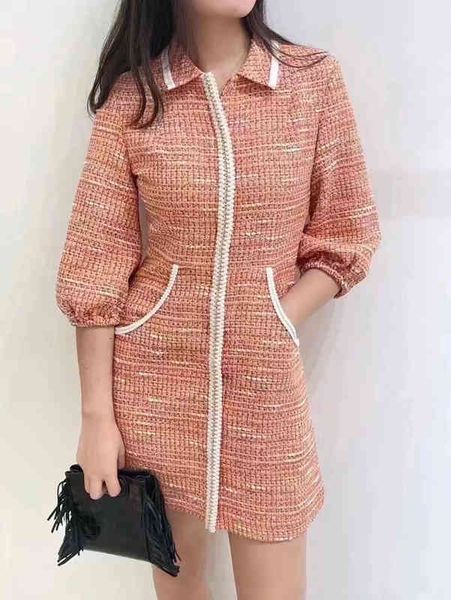 

casual dresses french elegance spring and summer tweed slim skirt contrast color shirt collar temperament dress, Black;gray