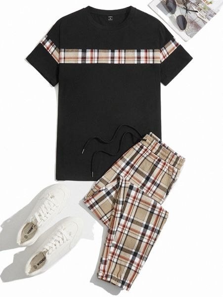 

men's tracksuits men plaid tee & drawstring waist pants f5eg#, Gray