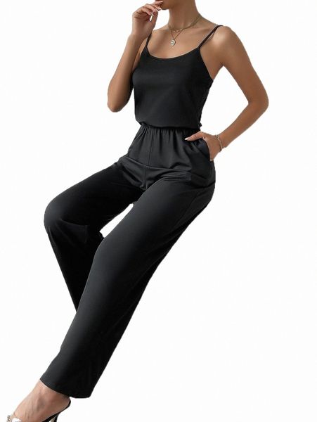 

women's jumpsuits & rompers solid slant pockets cami jumpsuit 5051#, Black;white