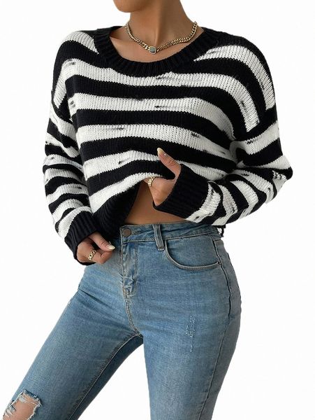 

women's sweaters striped pattern drop shoulder sweater u1y3#, White;black