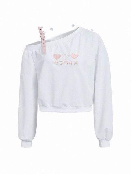 

romwe kawaii heart & letter embroidery asymmetrical neck sweatshirt g4jc#, Black