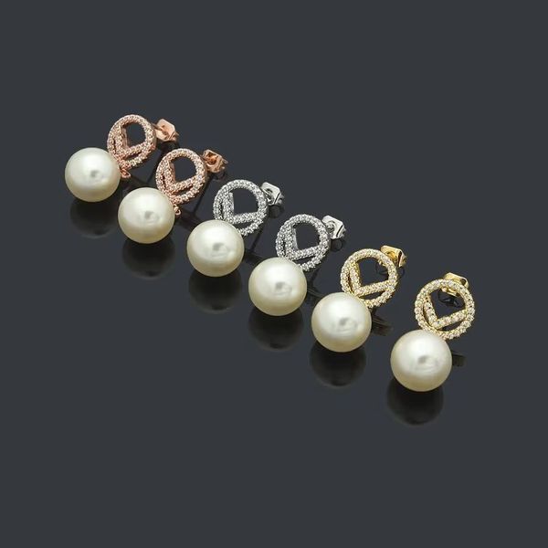

europe america fashion style hoop earrings lady women three color hardware engraved f letter tassels single pearl with diamond earring, Golden;silver