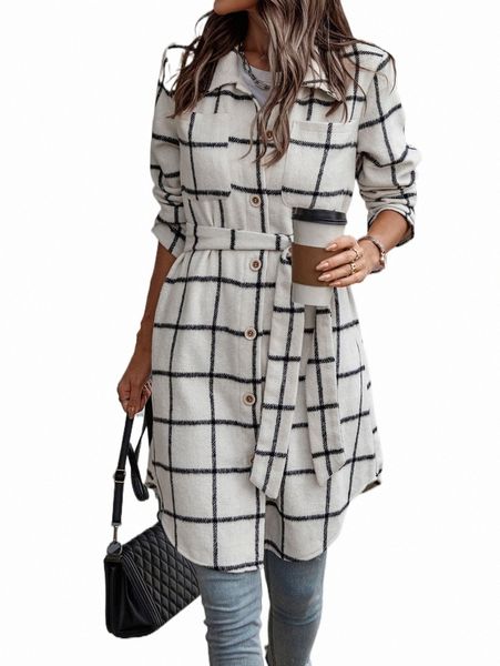 

women's down & parkas plaid pocket patched curved hem belted coat p2fe#, Black