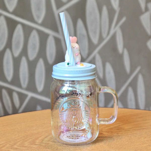 

starbucks mug mid autumn moon night mason two color straw glass iridescent dazzle flocking rabbit cup