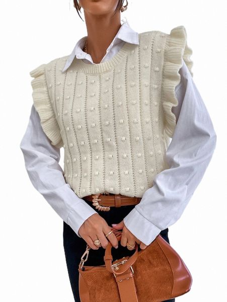 

women's sweaters ruffle trim sweater vest without blouse t8ol#, White;black