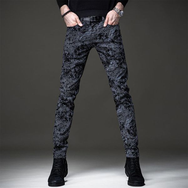 

men's jeans european summer jeans men's slim feet personality graffiti printing black casual long pants men trouser 220827, Blue