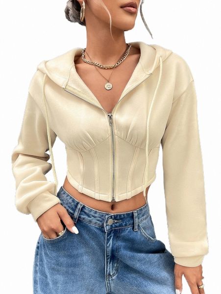 

women's hoodies & sweatshirts zip up corset waist crop drawstring hoodie a1cl#, Black