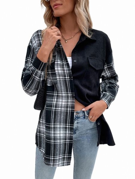 

women's down & parkas plaid print drop shoulder flap pocket coat h8sy#, Black