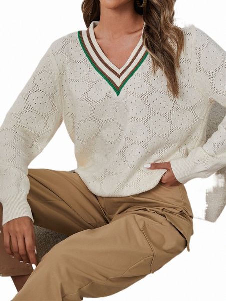 

women's sweaters striped trim pointelle knit sweater v neck v5u4#, White;black