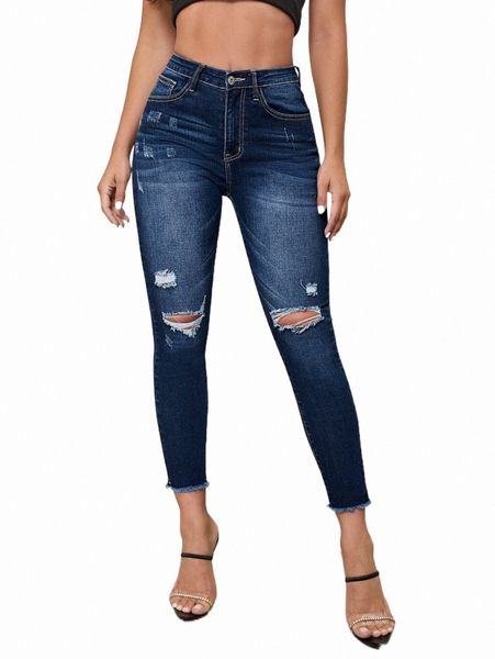 

women's jeans high waist ripped raw cut skinny jeans f9xc#, Blue