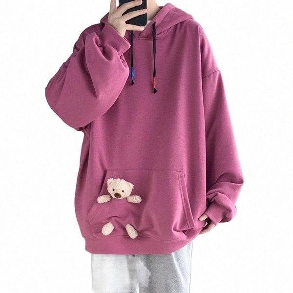 

men's hoodies & sweatshirts cotton pure color cute oversized streetwear male clothes pullover loose casual big pockets coats 69xc#, Black