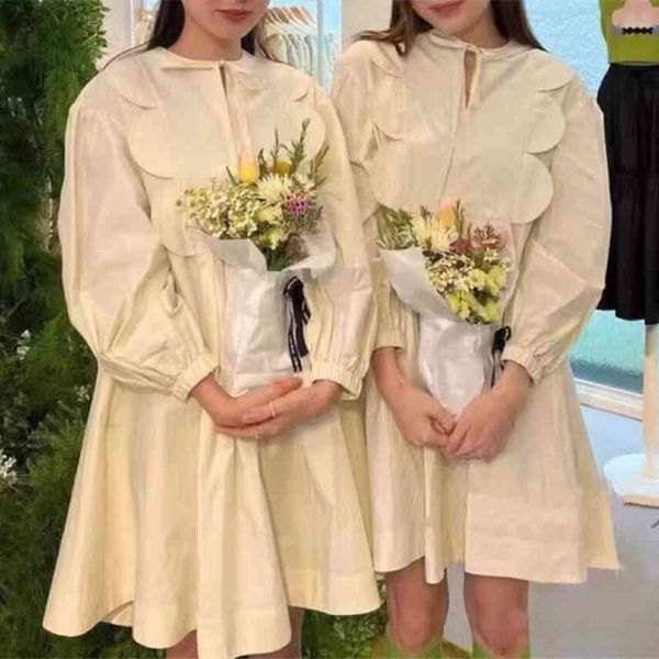 

casual dresses french art os niche design cream white dress round collar petal loose doll female summer, Black;gray