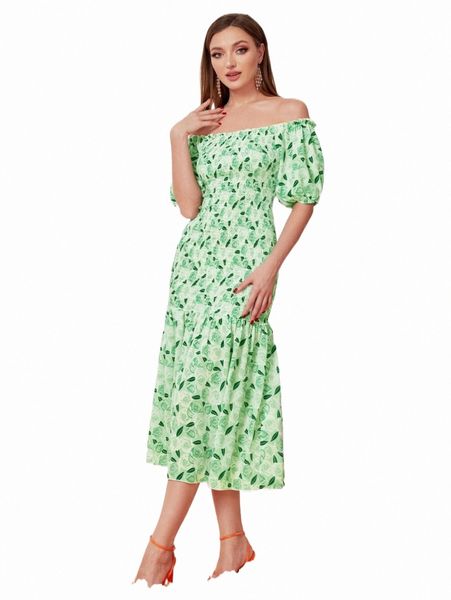 

allover print off shoulder puff sleeve shirred dress j9oo#, Black;gray