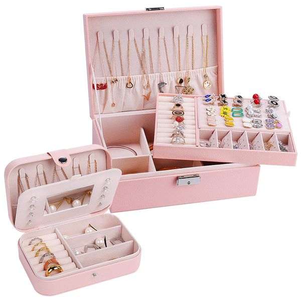 

jewelry boxes goer 2pack organizer box 2 layer case large pu leather for women girls comes with a small travel choice pink amqax, Black;white