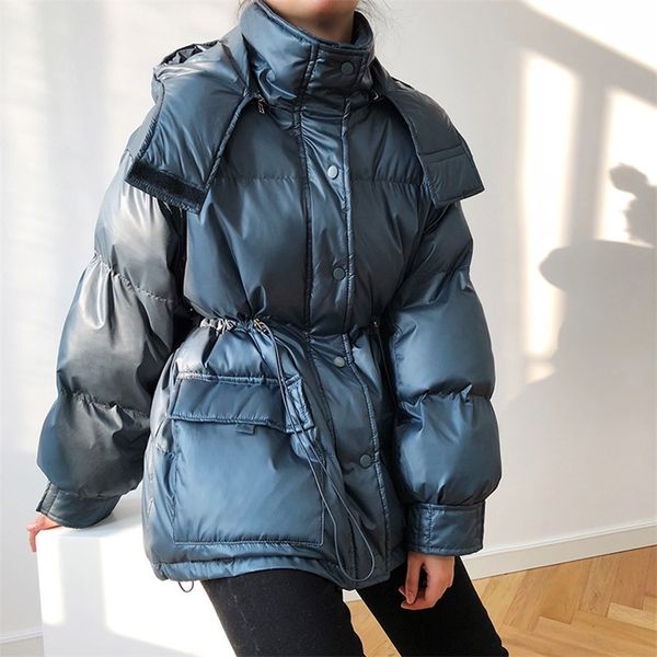 

womens down parkas winter drawstring waist hooded down cotton coat loose pocket long sleeve warm women parkas winter thickened windproof jac, Black