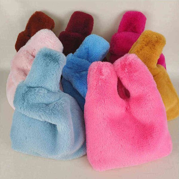 

wan estelle wang casual tote faux fur handle bags fashion women winter soft pocke samll handbag warm clutch candy color bag t220817 zhouzhou