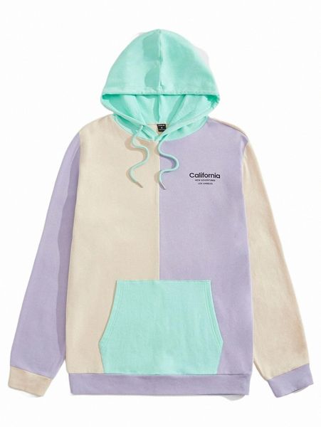 

men letter graphic colorblock kangaroo pocket drawstring hoodie r3hy#, Black
