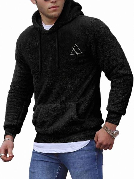 

men geo print kangaroo pocket drawstring teddy hoodie w5mi#, Black