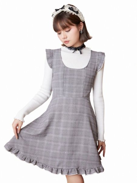 

romwe kawaii plaid frill trim ruffle hem dress without tee d1t7#, Black;gray
