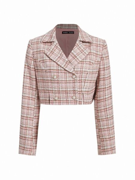 

women's two piece pants plaid print double breasted crop blazer u78r#, White