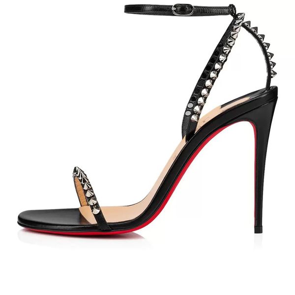 

dress shoes premium quality summer women's sandals 100mm slim leather open toe strap rivet casual eu 35-43 red soles shoes, Black
