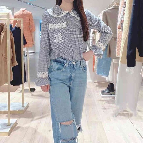 

women's blouses shirts french single early spring lace doll collar embroidery sweet check women's shirt, White