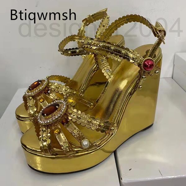 

sandals designer red diamond platfrom sandals woman open toe gold rhinestone leather high heel wedges shoes lady wedding 8g01, Black