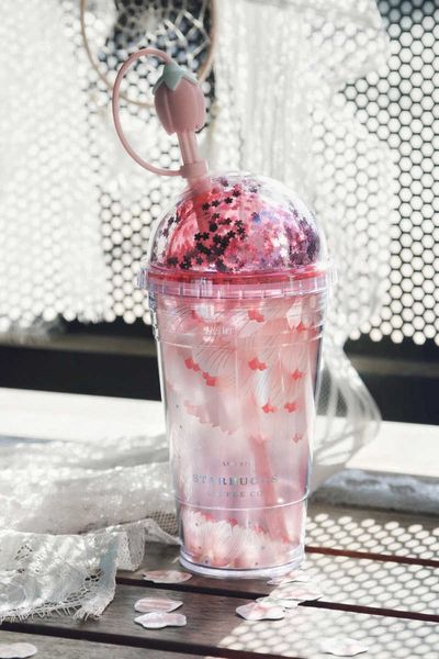 

starbucks cherry blossard mug pink sakura doubledecker with straw plug sequined water cup 473ml