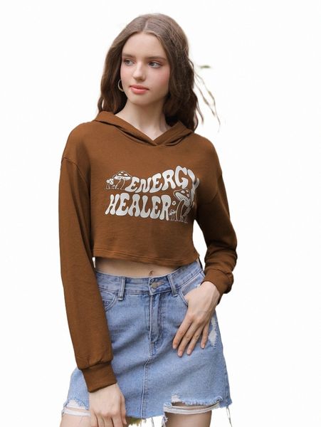 

women's hoodies & sweatshirts mod letter graphic crop hoodie v5t9#, Black