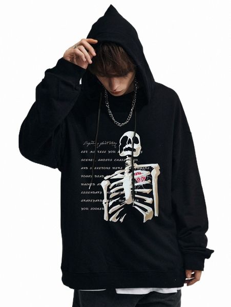 

men slogan & skeleton print drop shoulder drawstring hoodie c5ri#, Black