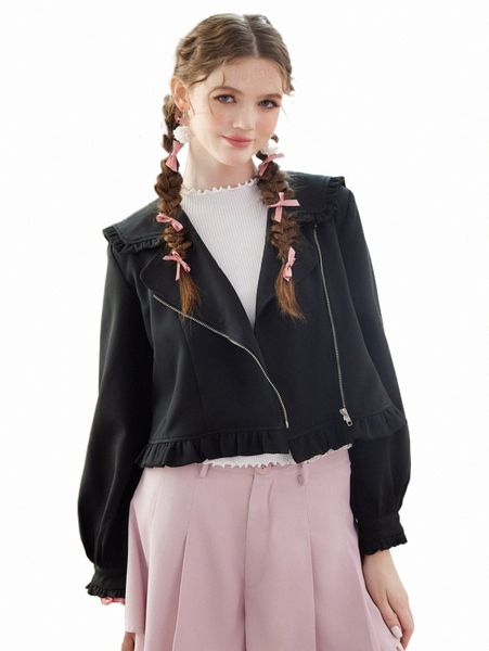 

women's jackets romwe kawaii solid frill hem zip up jacket e0bs#, Black;brown