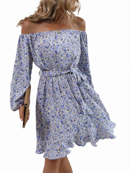 

ditsy floral off shoulder bishop sleeve belted dress n50y#, Black;gray
