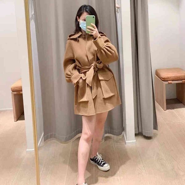 

women's jackets fadan autumn winter casual lace up hooded double-sided hand sewn cashmere coat small short, Black;brown