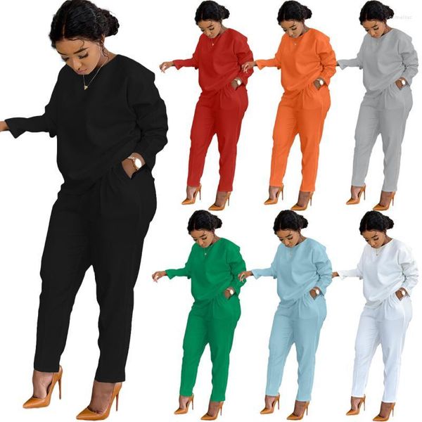 

women's two piece pants autumn winter women's suit solid long sleeve pullover sweatshirt and elastic wide leg pant pieces set fash, White