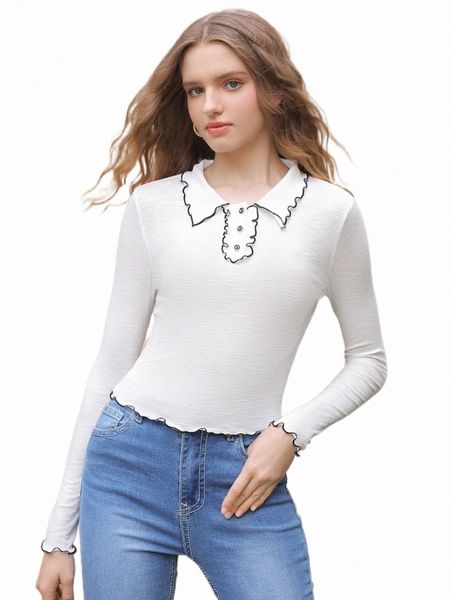 

women's t-shirt mod contrast binding lettuce trim tee d6go#, White
