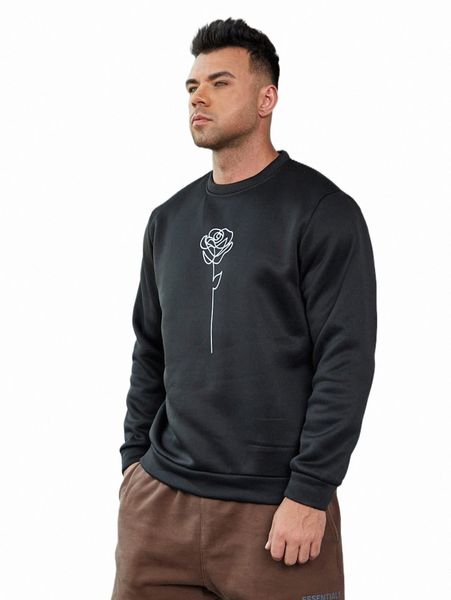 

extended sizes men rose print thermal lined sweatshirt k535#, Black