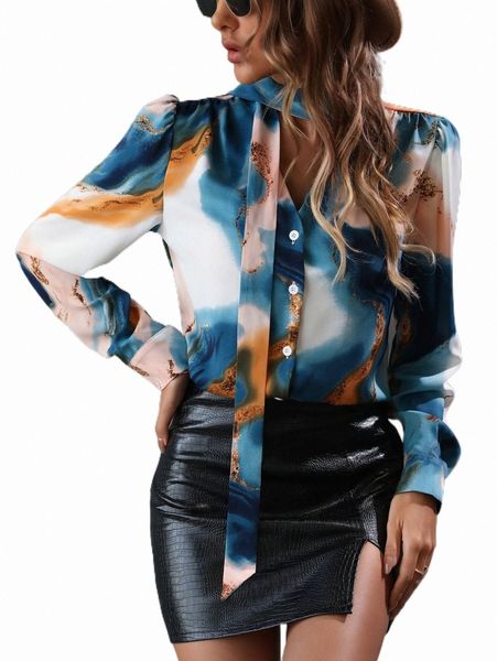 

women's blouses & shirts tie dye tie neck button up shirt l924#, White