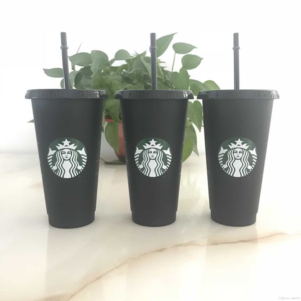 

starbucks 24oz/710ml plastic tumbler reusable black drinking flat bottom cup pillar shape lid straw mug 30pcs dhl