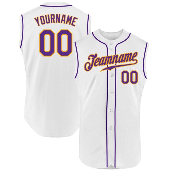 

custom white purple-gold authentic sleeveless baseball jersey, Black