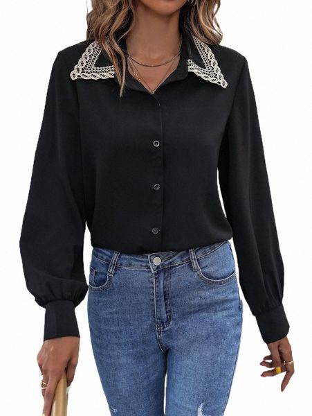 

women's blouses & shirts colorblock contrast lace button front shirt l5qm#, White